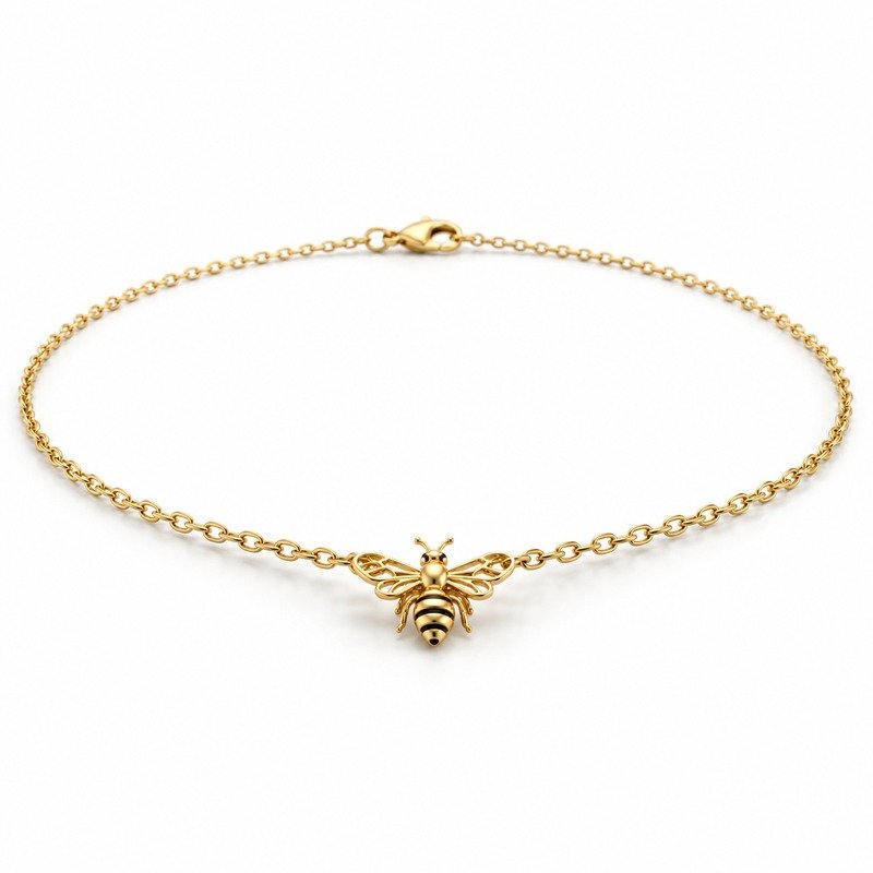 womens gold Stainless Steel honeybee pendant necklace, at a 45-degree angle on white