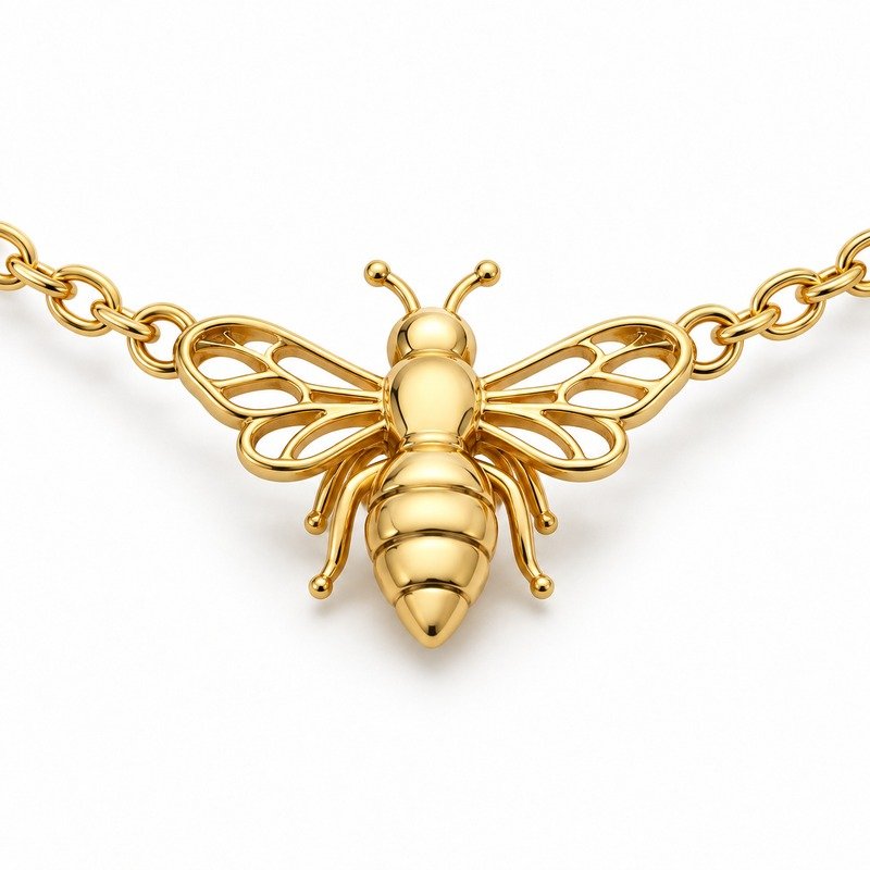 womens gold Stainless Steel honeybee pendant necklace, reverse side and connection structure on white