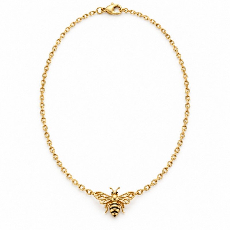 womens gold Stainless Steel honeybee pendant necklace, front view on white