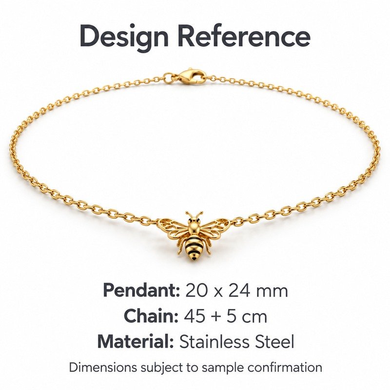 womens gold Stainless Steel honeybee pendant necklace, design reference dimensions and material specifications