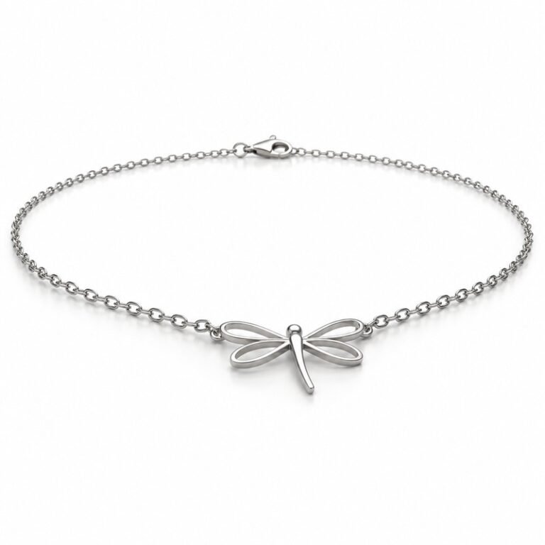 womens silver Stainless Steel dragonfly pendant necklace, at a 45-degree angle on white