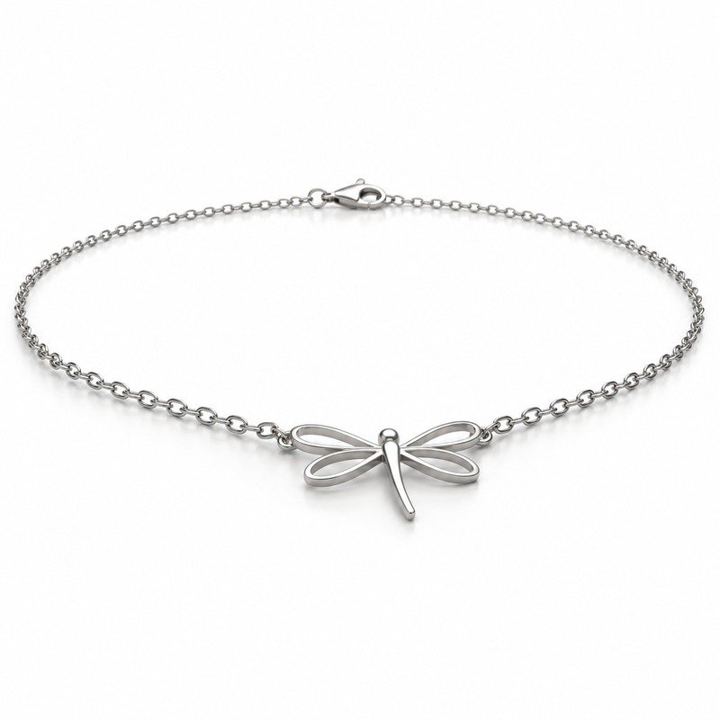 womens silver Stainless Steel dragonfly pendant necklace, at a 45-degree angle on white