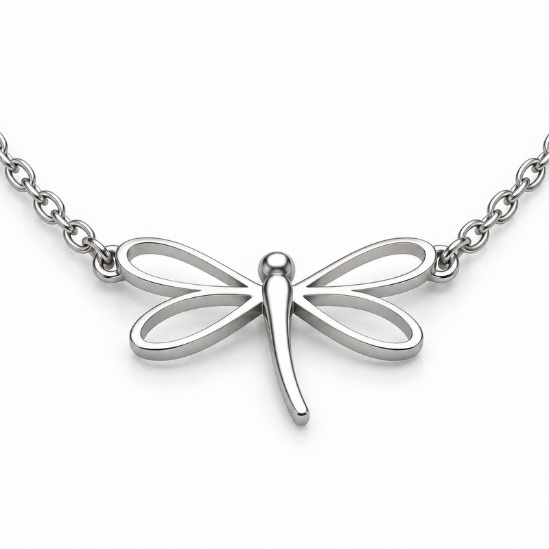 womens silver Stainless Steel dragonfly pendant necklace, reverse side and connection structure on white