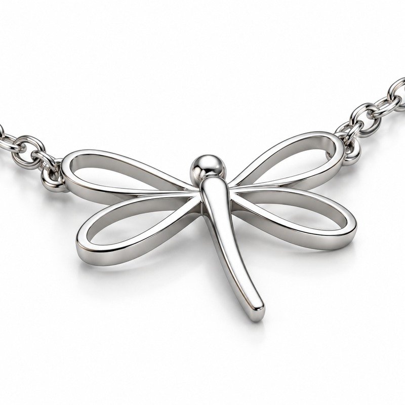womens silver Stainless Steel dragonfly pendant necklace, material and craftsmanship close-up