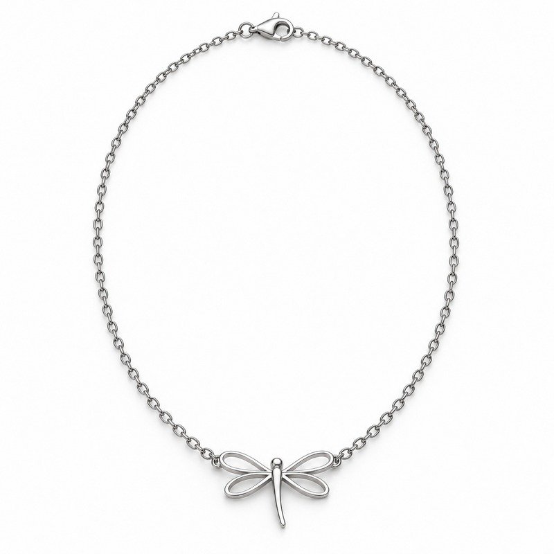 womens silver Stainless Steel dragonfly pendant necklace, front view on white