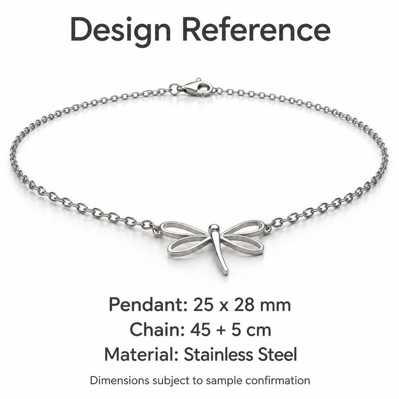 womens silver Stainless Steel dragonfly pendant necklace, design reference dimensions and material specifications