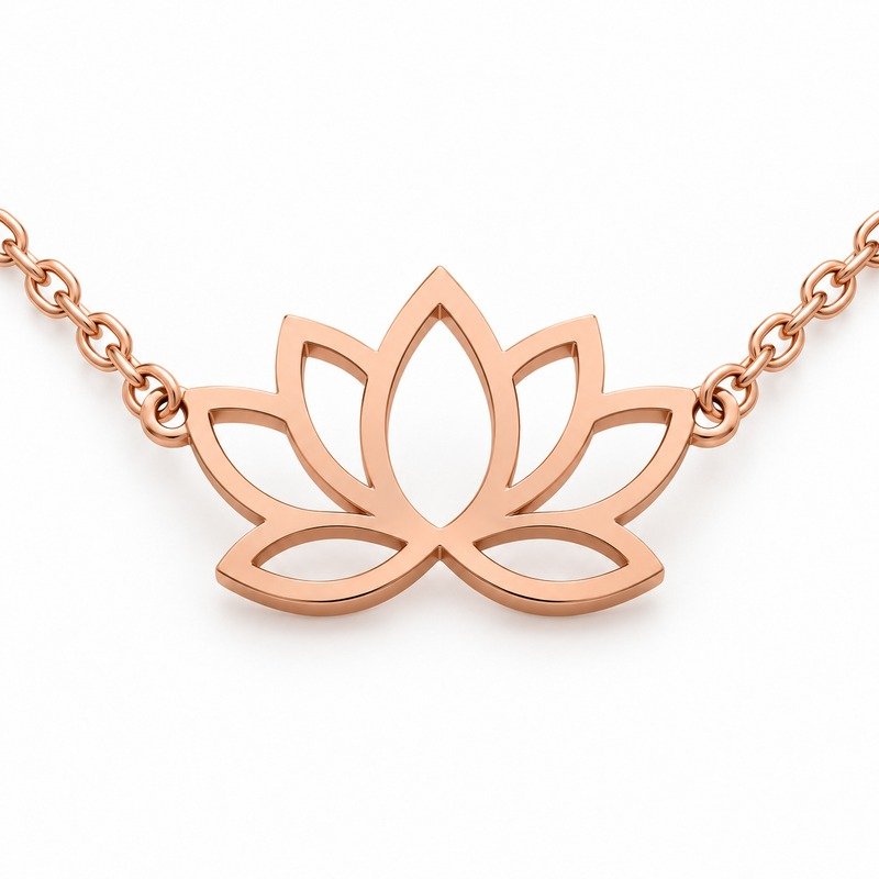 womens rose gold Stainless Steel lotus pendant necklace, reverse side and connection structure on white