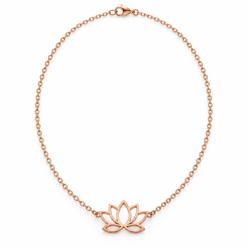womens rose gold Stainless Steel lotus pendant necklace, front view on white