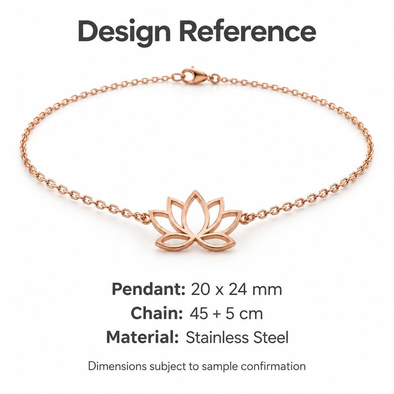 womens rose gold Stainless Steel lotus pendant necklace, design reference dimensions and material specifications