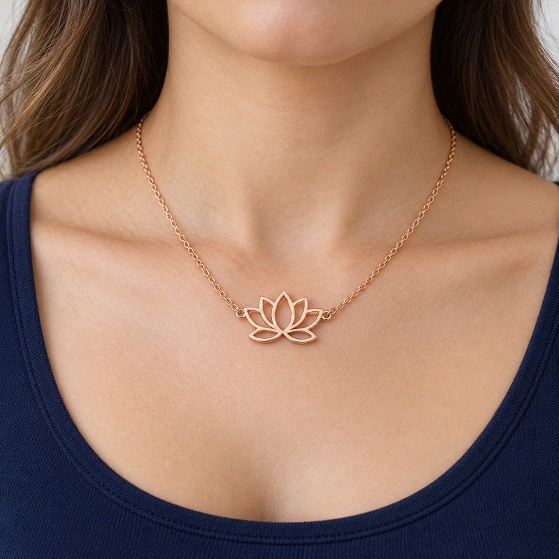 womens rose gold Stainless Steel lotus pendant necklace, worn by an adult model