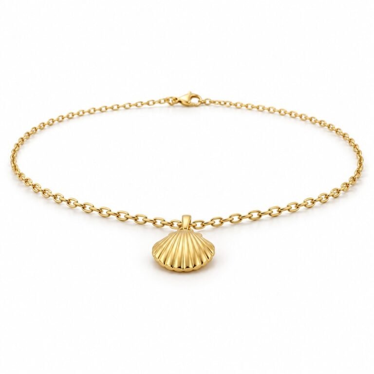 womens gold Stainless Steel seashell pendant necklace, at a 45-degree angle on white