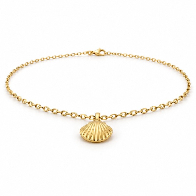 womens gold Stainless Steel seashell pendant necklace, at a 45-degree angle on white