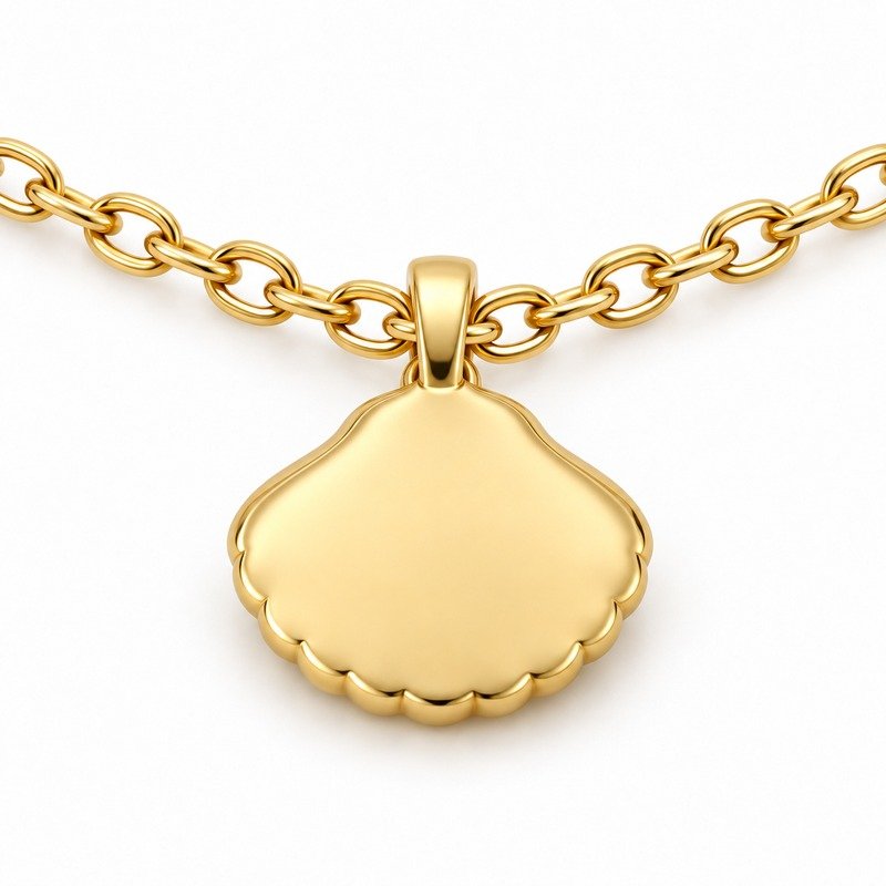 womens gold Stainless Steel seashell pendant necklace, reverse side and connection structure on white