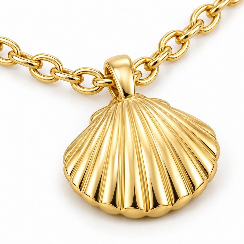 womens gold Stainless Steel seashell pendant necklace, material and craftsmanship close-up