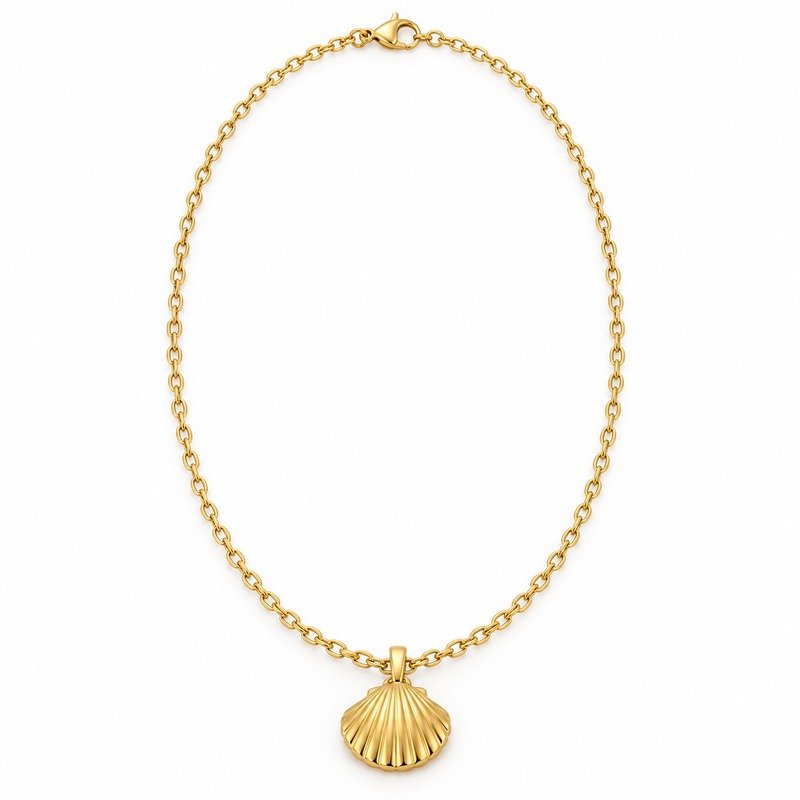 womens gold Stainless Steel seashell pendant necklace, front view on white
