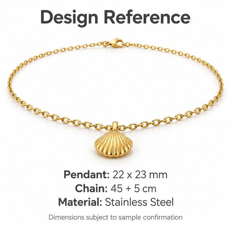womens gold Stainless Steel seashell pendant necklace, design reference dimensions and material specifications