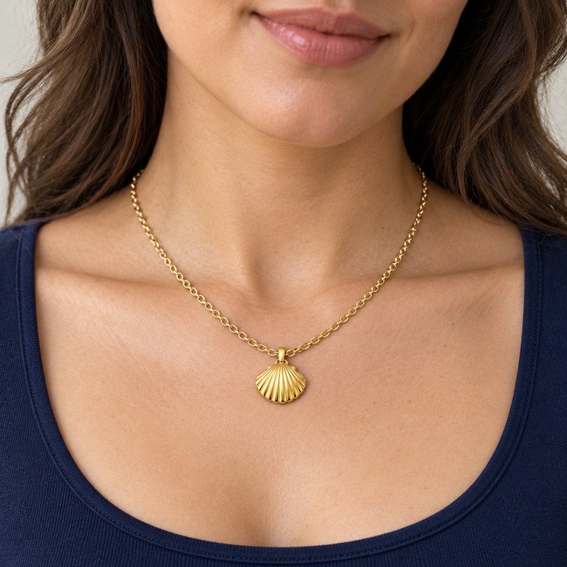 womens gold Stainless Steel seashell pendant necklace, worn by an adult model