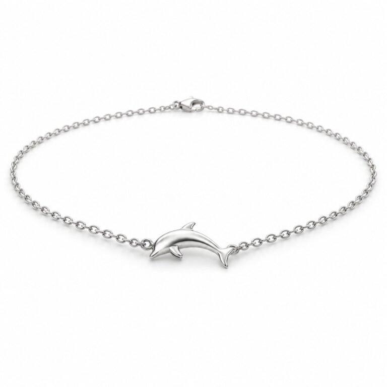 womens silver Stainless Steel dolphin pendant necklace, at a 45-degree angle on white
