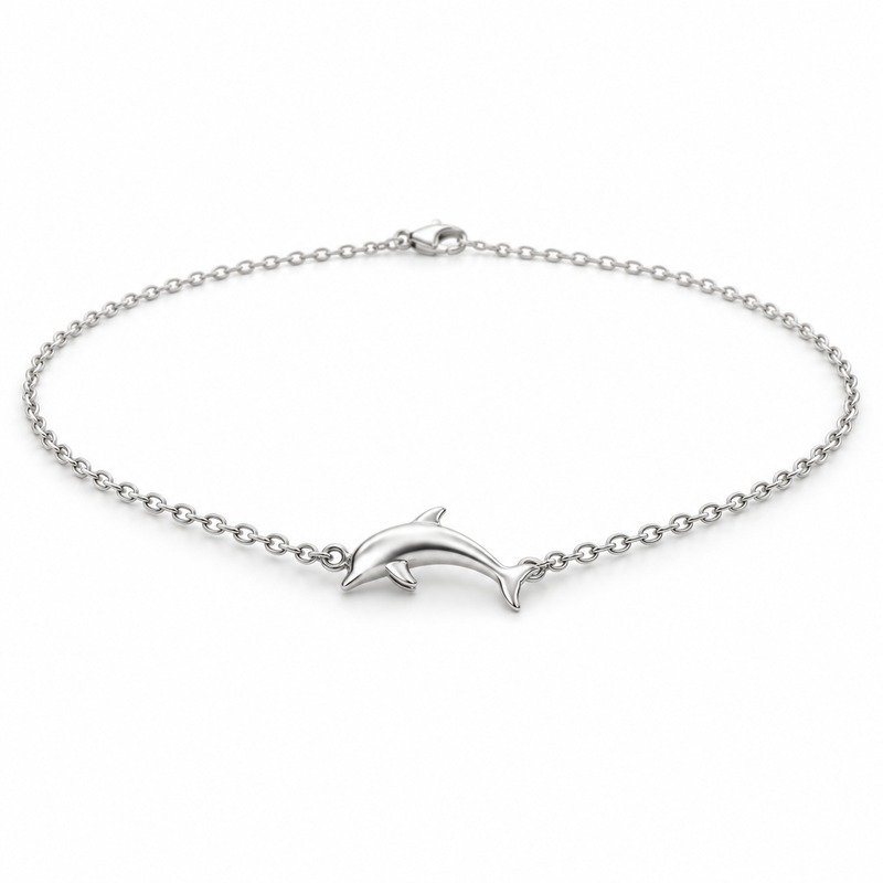 womens silver Stainless Steel dolphin pendant necklace, at a 45-degree angle on white