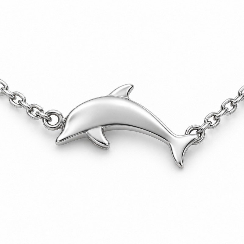 womens silver Stainless Steel dolphin pendant necklace, reverse side and connection structure on white