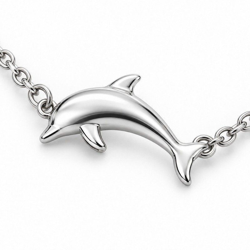 womens silver Stainless Steel dolphin pendant necklace, material and craftsmanship close-up