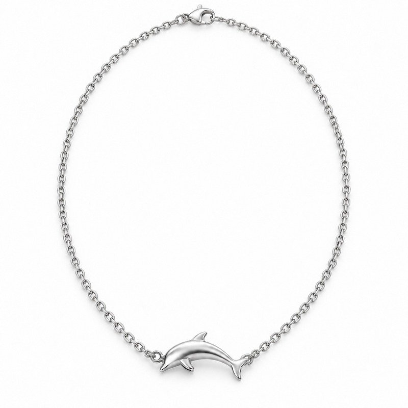 womens silver Stainless Steel dolphin pendant necklace, front view on white