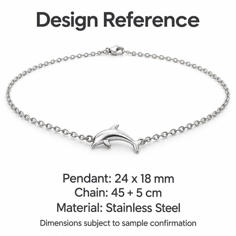 womens silver Stainless Steel dolphin pendant necklace, design reference dimensions and material specifications