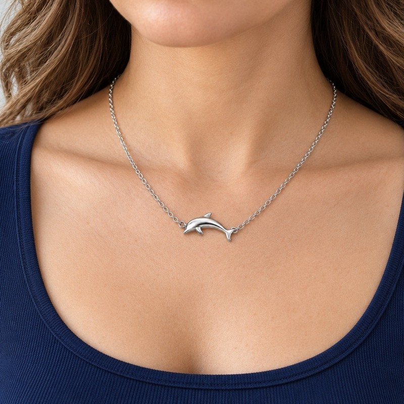 womens silver Stainless Steel dolphin pendant necklace, worn by an adult model