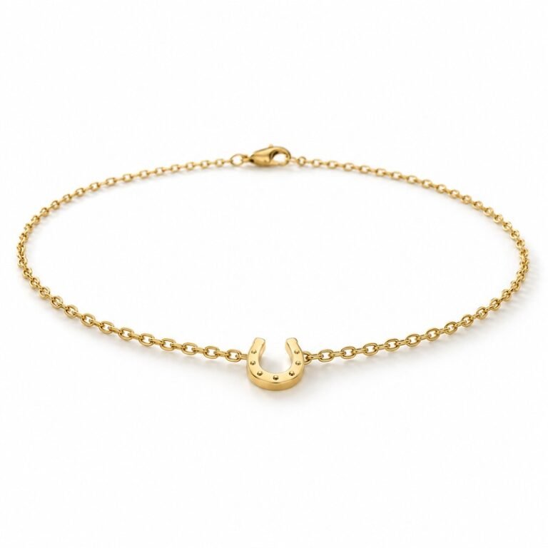womens gold Stainless Steel horseshoe pendant necklace, at a 45-degree angle on white