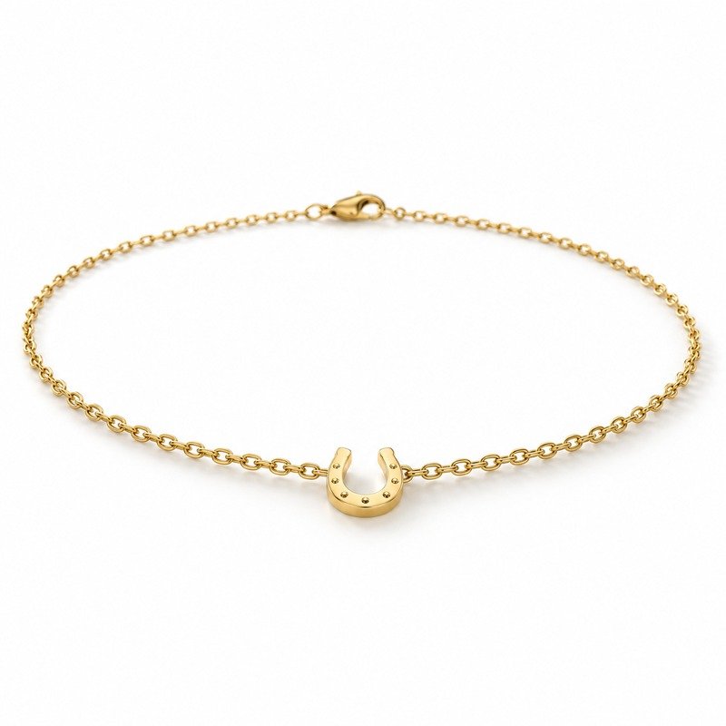 womens gold Stainless Steel horseshoe pendant necklace, at a 45-degree angle on white