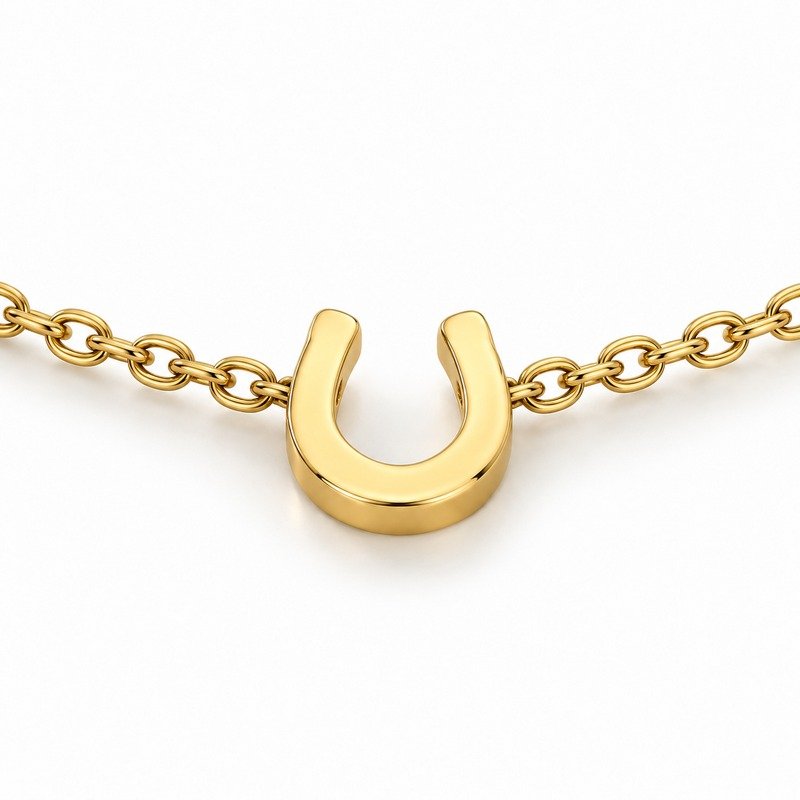 womens gold Stainless Steel horseshoe pendant necklace, reverse side and connection structure on white