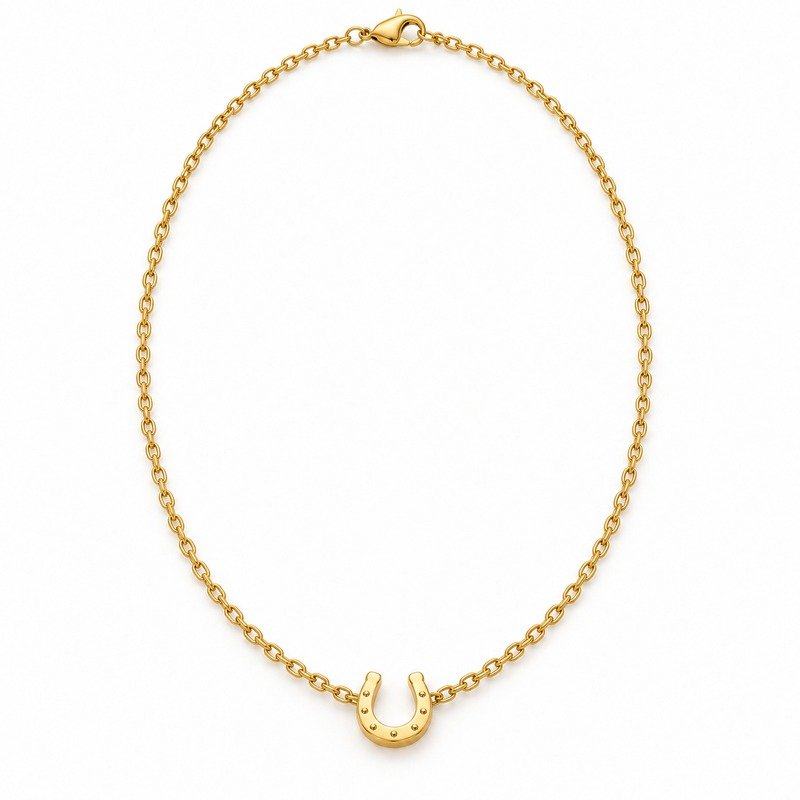 womens gold Stainless Steel horseshoe pendant necklace, front view on white