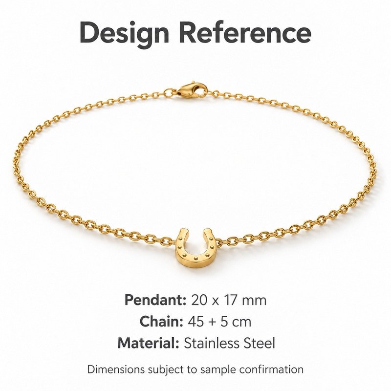 womens gold Stainless Steel horseshoe pendant necklace, design reference dimensions and material specifications