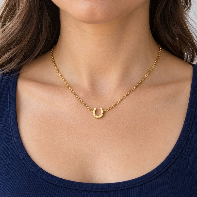womens gold Stainless Steel horseshoe pendant necklace, worn by an adult model