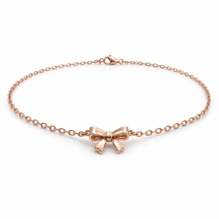 womens rose gold Stainless Steel bow pendant necklace, at a 45-degree angle on white