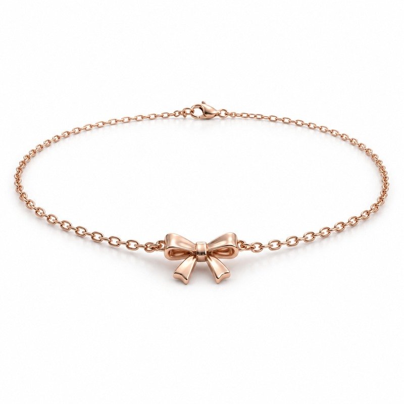 womens rose gold Stainless Steel bow pendant necklace, at a 45-degree angle on white