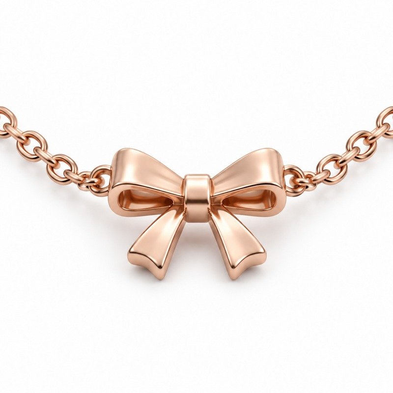 womens rose gold Stainless Steel bow pendant necklace, reverse side and connection structure on white