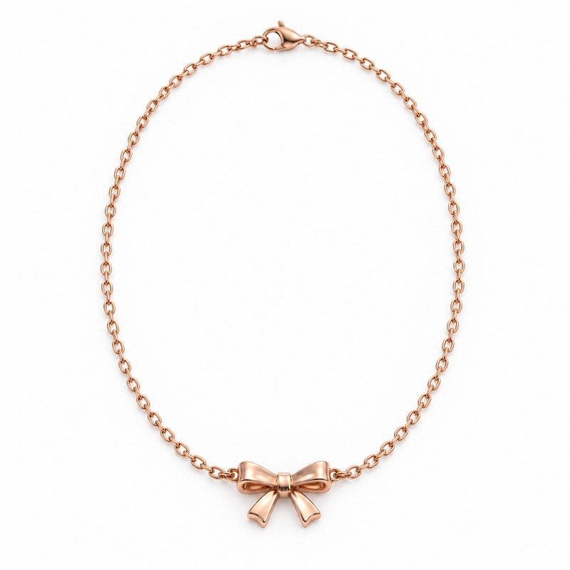 womens rose gold Stainless Steel bow pendant necklace, front view on white