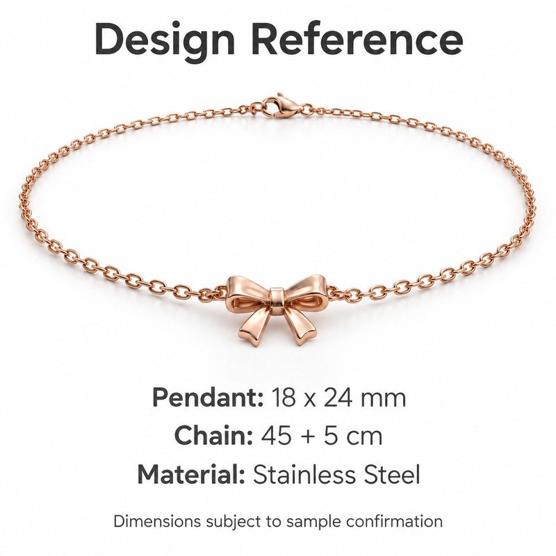 womens rose gold Stainless Steel bow pendant necklace, design reference dimensions and material specifications