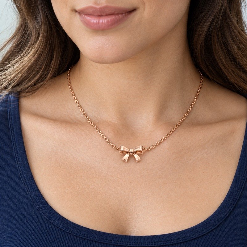 womens rose gold Stainless Steel bow pendant necklace, worn by an adult model