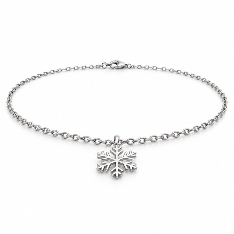womens silver Stainless Steel snowflake pendant necklace, at a 45-degree angle on white