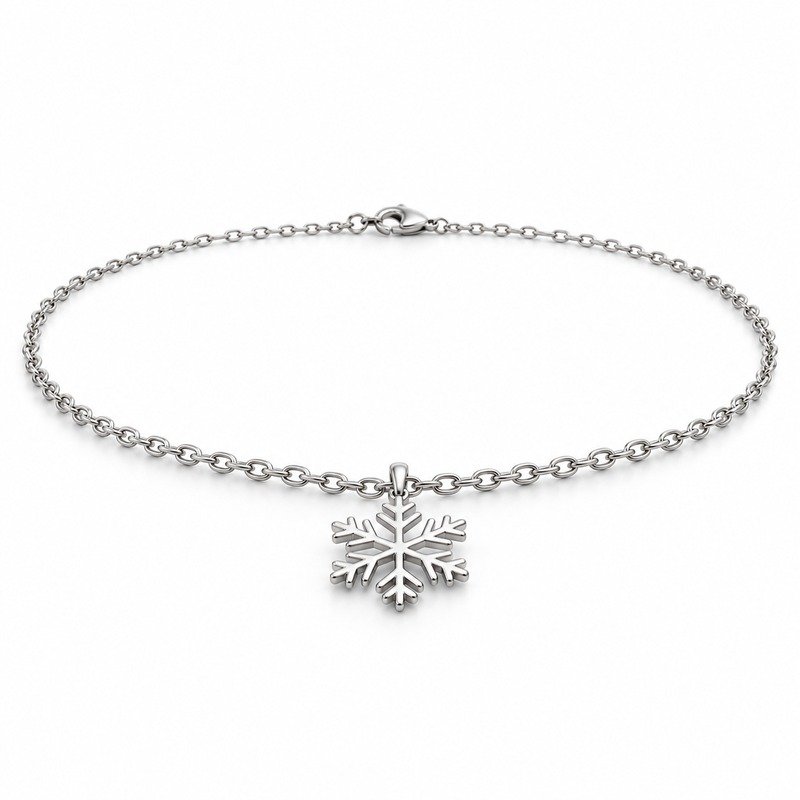 womens silver Stainless Steel snowflake pendant necklace, at a 45-degree angle on white
