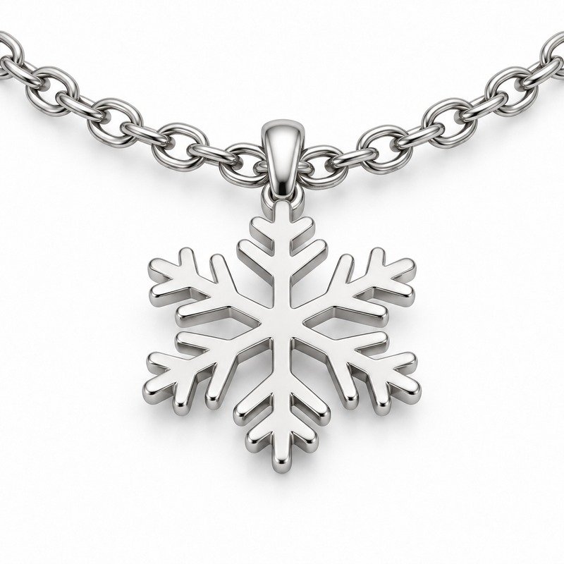 womens silver Stainless Steel snowflake pendant necklace, reverse side and connection structure on white