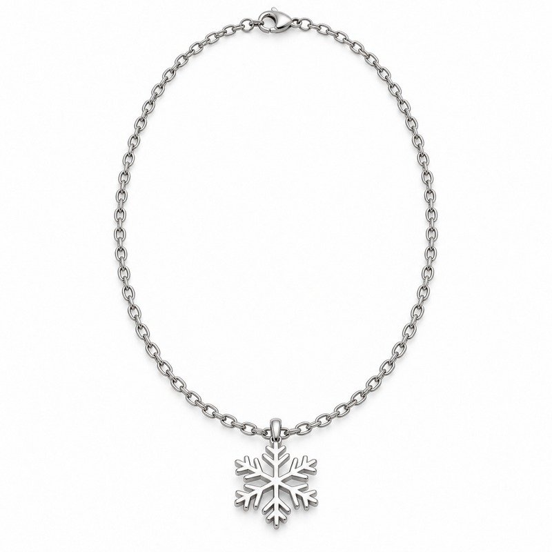womens silver Stainless Steel snowflake pendant necklace, front view on white