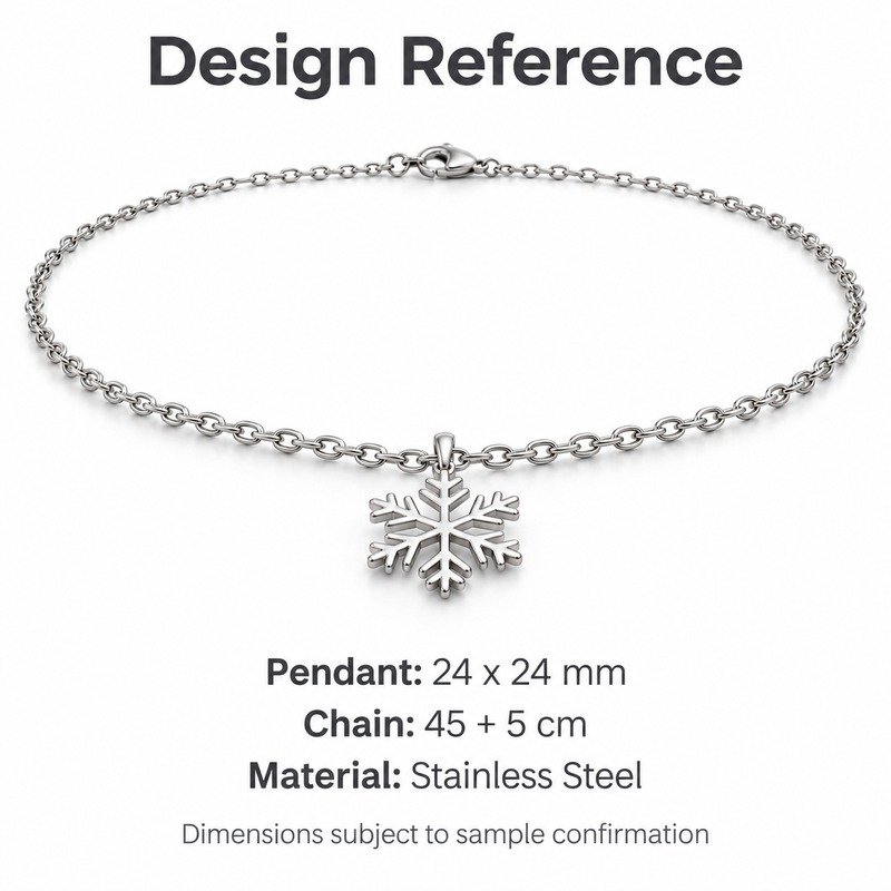 womens silver Stainless Steel snowflake pendant necklace, design reference dimensions and material specifications