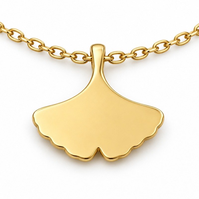 womens gold Stainless Steel ginkgo leaf pendant necklace, reverse side and connection structure on white