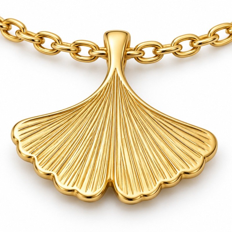 womens gold Stainless Steel ginkgo leaf pendant necklace, material and craftsmanship close-up