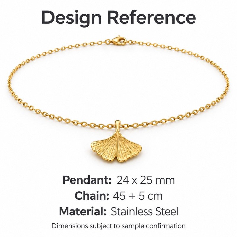 womens gold Stainless Steel ginkgo leaf pendant necklace, design reference dimensions and material specifications