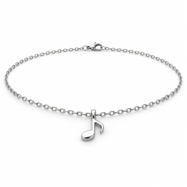womens silver Stainless Steel music note pendant necklace, at a 45-degree angle on white
