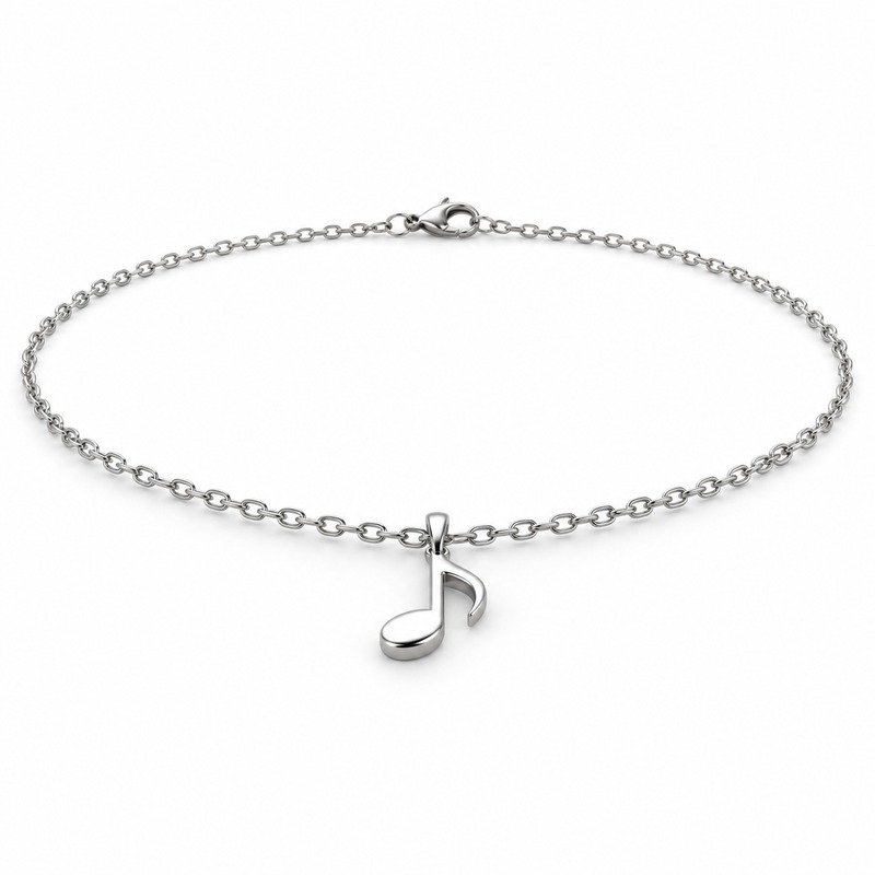 womens silver Stainless Steel music note pendant necklace, at a 45-degree angle on white